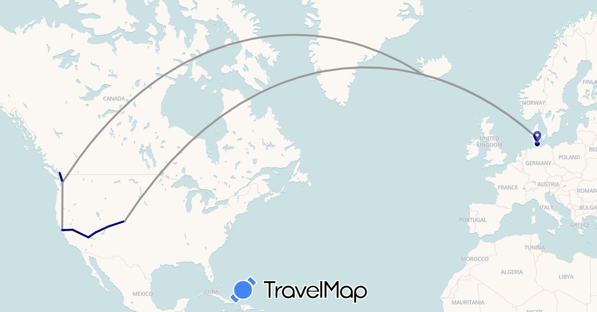 TravelMap itinerary: driving, plane in Canada, Germany, Denmark, Iceland, United States (Europe, North America)